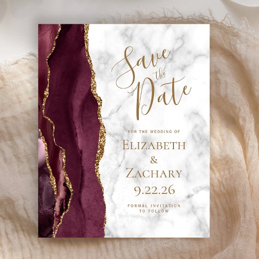Budget Bourgundy Gold Agate Marble Save the Date