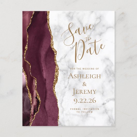 Budget Bourgundy Gold Agate Marble Save the Date (Voorkant)