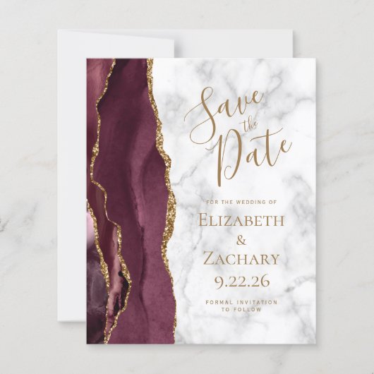Budget Bourgundy Gold Agate Marble Save the Date (Voorkant)