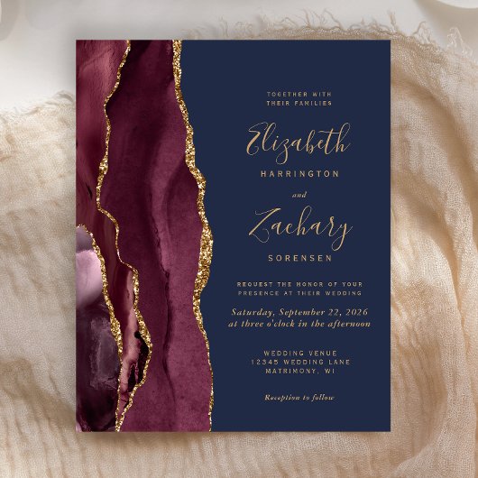 Budget Bourgundy Gold Agate Navy Wedding Invite
