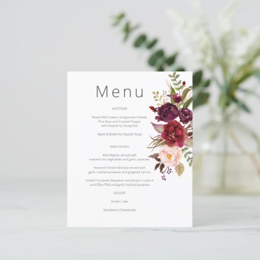 Budget Bourgundy Marsala & Pink Floral Menu - Wit (Staand voorkant)