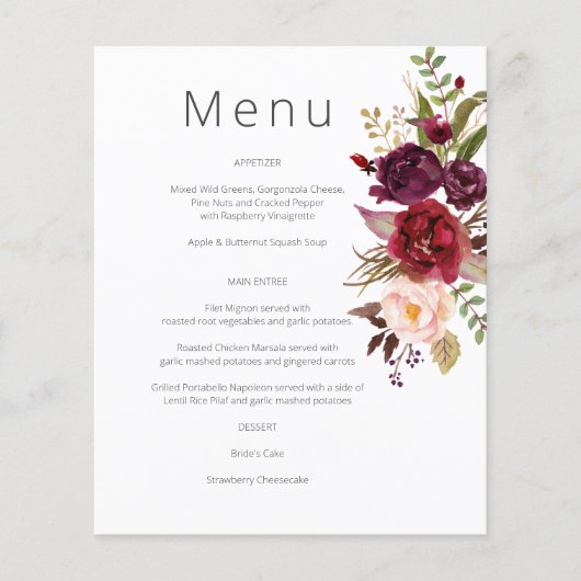 Budget Bourgundy Marsala & Pink Floral Menu - Wit (Voorkant)