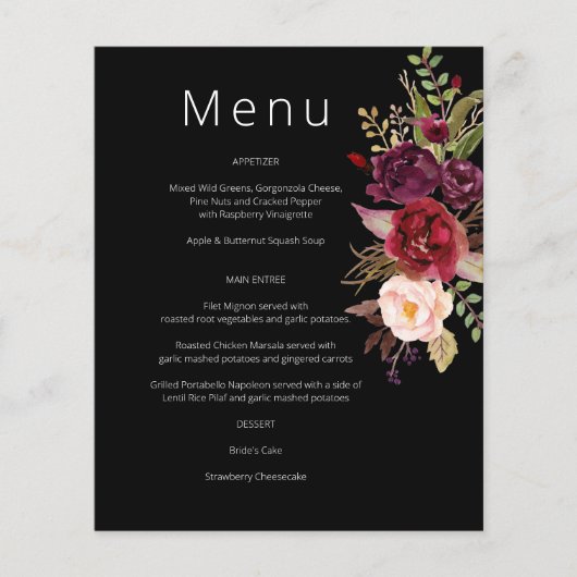 Budget Bourgundy Marsala & Pink Floral Menu - Zwar (Voorkant)