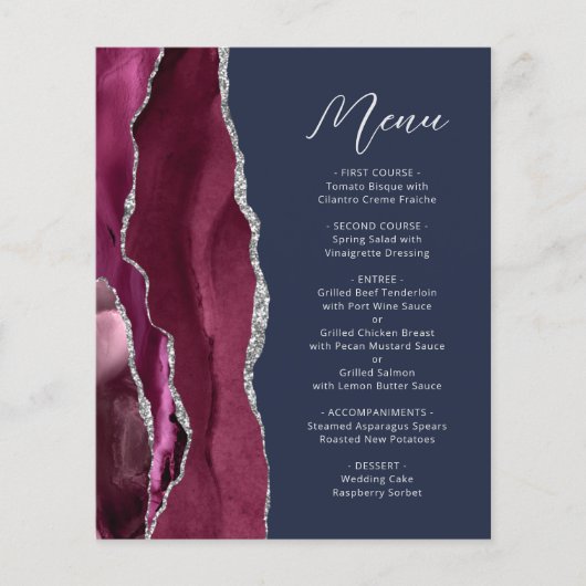 Budget Bourgundy Silver Agate navy Wedding Menu (Voorkant)