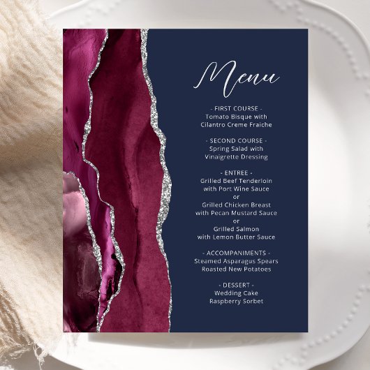 Budget Bourgundy Silver Agate navy Wedding Menu
