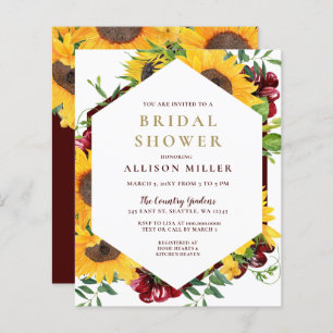 Budget Bourgundy Sunflower Bridal Shower Invitatio