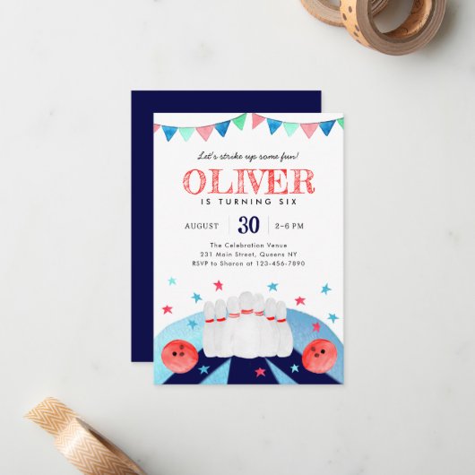 Budget bowling verjaardagsfeestje Strike Up Some F Notitiekaartje (Voorkant / Achterkant in situ)