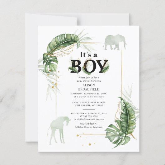 Budget Boy Baby shower Elephant Giraffe Invitation (Voorkant)