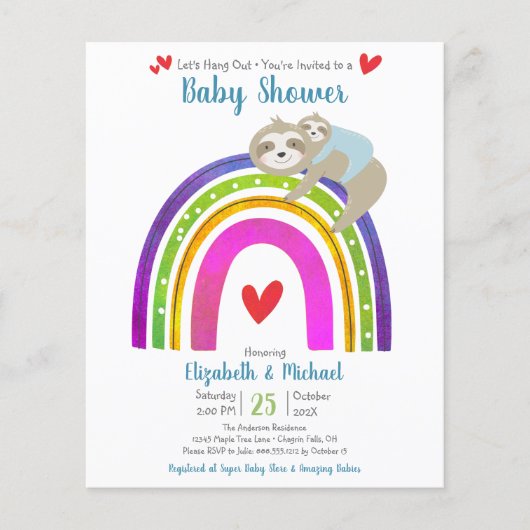 Budget Boy Baby shower Sloth Rainbow Uitnodiging (Voorkant)