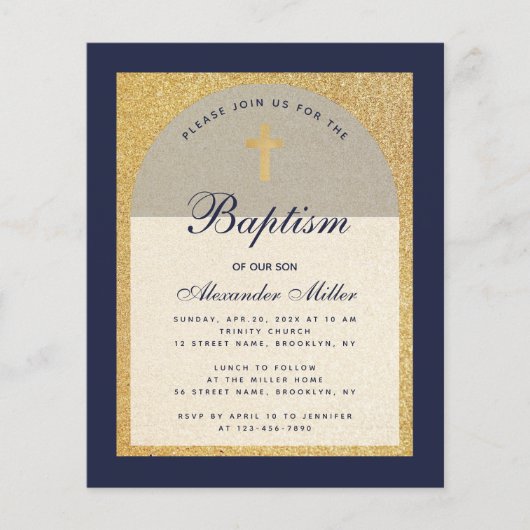 Budget Boy Baptism Navy Blue Gold Invitation (Voorkant)