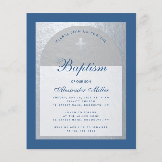 Budget Boy Baptism Silver Classic Blue Invitation (Voorkant)