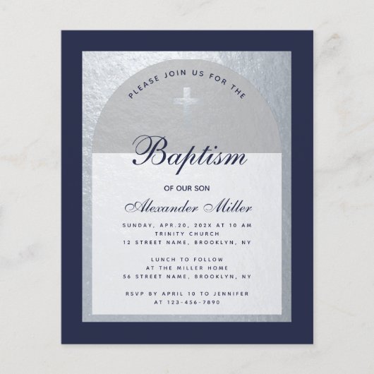 Budget Boy Baptism Silver Navy Blue Invitation (Voorkant)