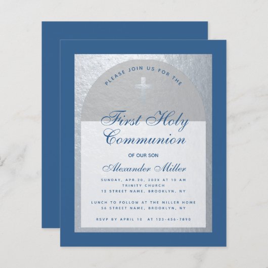 Budget Boy First Community Blue Silver Uitnodiging (Voorkant / Achterkant)