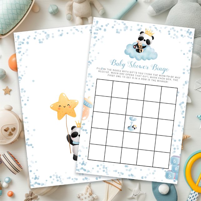 Budget Boy Panda Beer Blauw Baby shower Bingo Kaar (Budget Boy Panda Bear Blue Baby Shower Bingo Card)