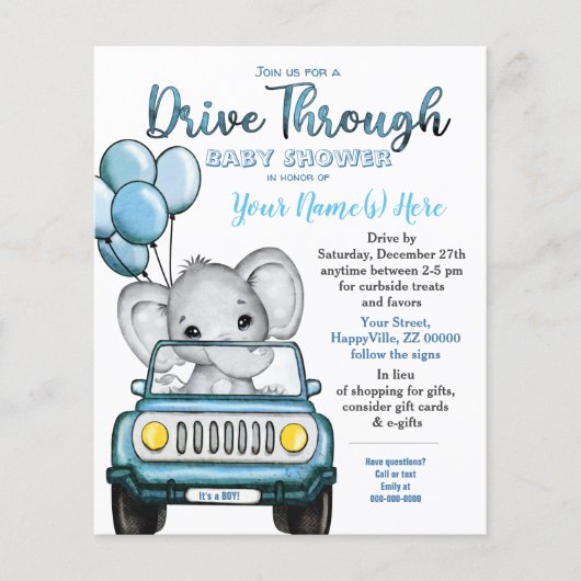 Budget Boy rijdt door Baby shower olifant auto Flyer (Voorkant)