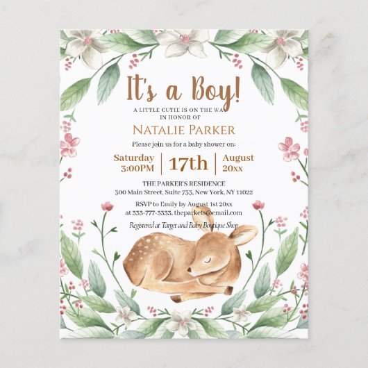 Budget BOY Woodland Deer Sage Floral Baby shower (Voorkant)