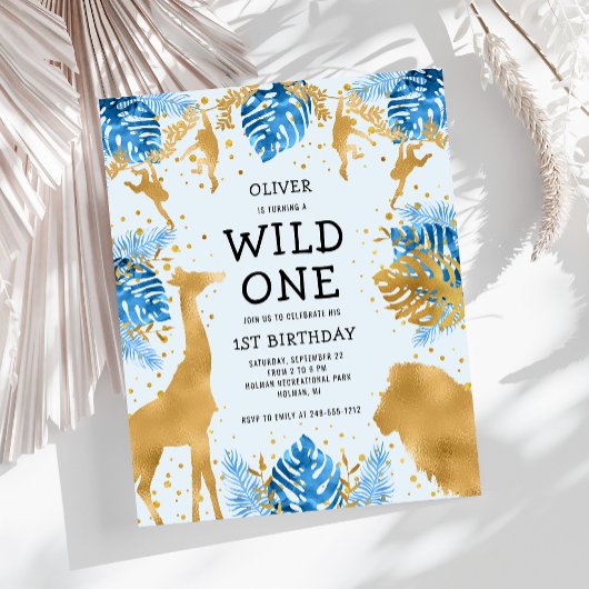 Budget Boys 1e verjaardag Blue Gold Safari Invite