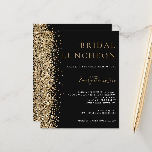 Budget Bridal Luncheon Gold Glitter Black Invite (Voorkant / Achterkant in situ)