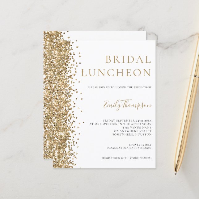 Budget Bridal Luncheon Gold Glitter Uitnodiging (Voorkant / Achterkant in situ)