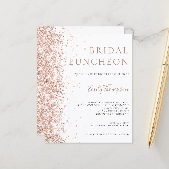 Budget Bridal Luncheon Roos Gold Glitter Invite (Voorkant / Achterkant in situ)