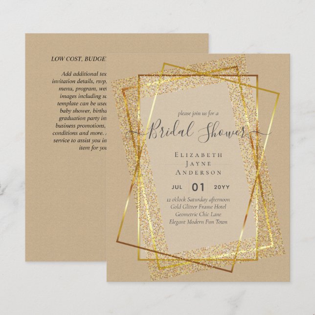 BUDGET BRIDAL SHOWER Glamour Goud Glitter chic uit (Voorkant / Achterkant)