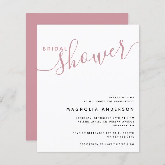 BUDGET Bridal Shower Uitnodiging | Minimale roze (Voorkant / Achterkant)