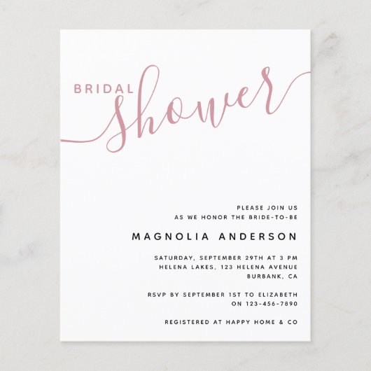 BUDGET Bridal Shower Uitnodiging | Minimale roze (Voorkant)