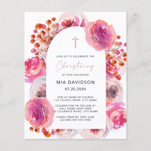 Budget Bright Waterverf Floral Arch Christening Flyer (Voorkant)