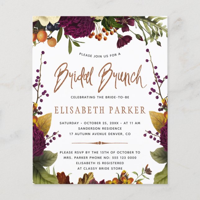 Budget bruidsbrunch herfst bruiloft feest uitnodig (Voorkant)