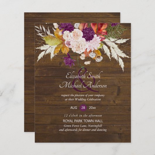 Budget Bruidssuitnodiging met roestieke pruim bloe (Voorkant / Achterkant)