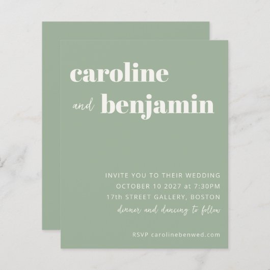 Budget Bruidsuitnodiging in moderne saliegroene st (Voorkant / Achterkant)