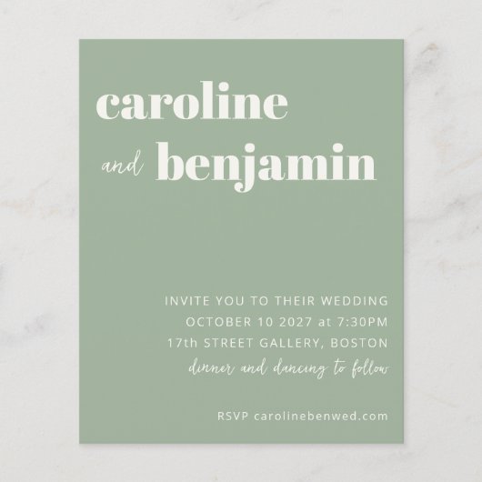 Budget Bruidsuitnodiging in moderne saliegroene st (Voorkant)