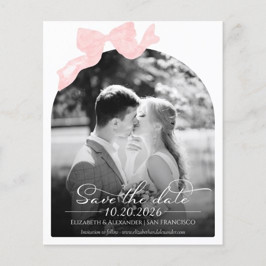 Budget Bruiloft Bewaar de Datum Uitnodiging Bow Fo (Voorkant)