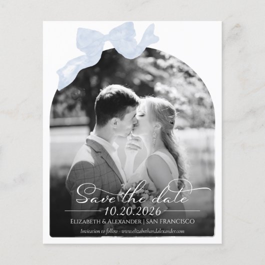 Budget Bruiloft Bewaar de Datum Uitnodiging Bow Fo (Voorkant)