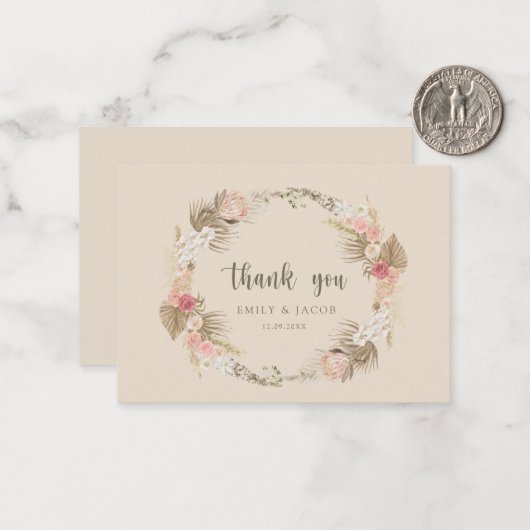 Budget bruiloft Boho bloemenkrans dank u Notitiekaartje (Voorkant / Achterkant in situ)
