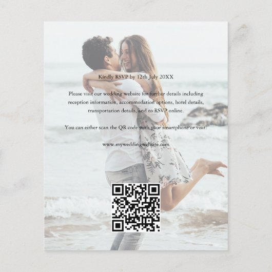 Budget Bruiloft Elegante Script 2 Foto QR Code Flyer (Achterkant)