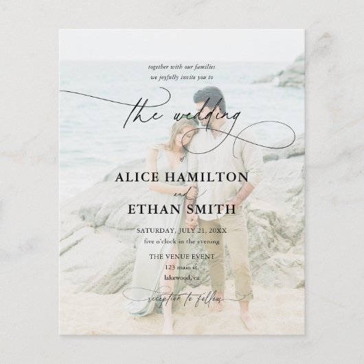 Budget Bruiloft Elegante Script 2 Foto QR Code Flyer (Voorkant)