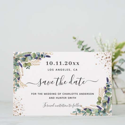 Budget bruiloft Eucalyptus gold behalve datum (Staand voorkant)