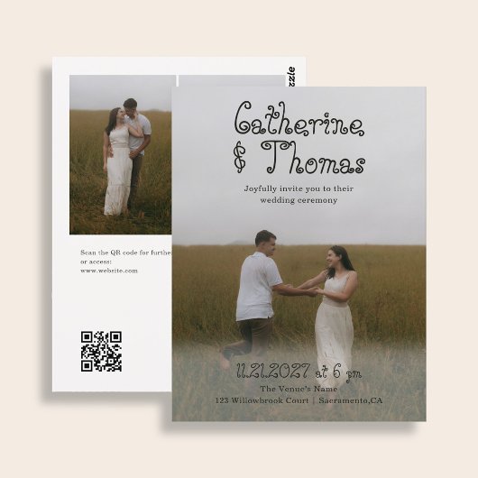 Budget Bruiloft Fancy Rustiek 3 Foto QR Code Briefkaart