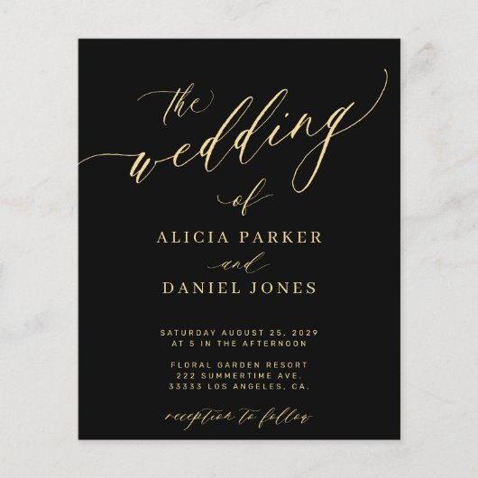 Budget bruiloft goud zwart elegante uitnodiging (Voorkant)