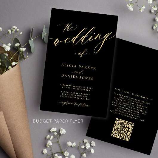 Budget bruiloft gouden zwarte QR-code uitnodiging Flyer
