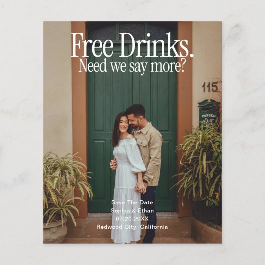 Budget Bruiloft Gratis Drank Foto Save The Date Flyer (Voorkant)