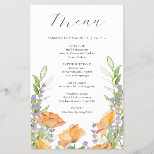 Budget bruiloft menu's Waterverf Wildflower Flyer (Voorkant)