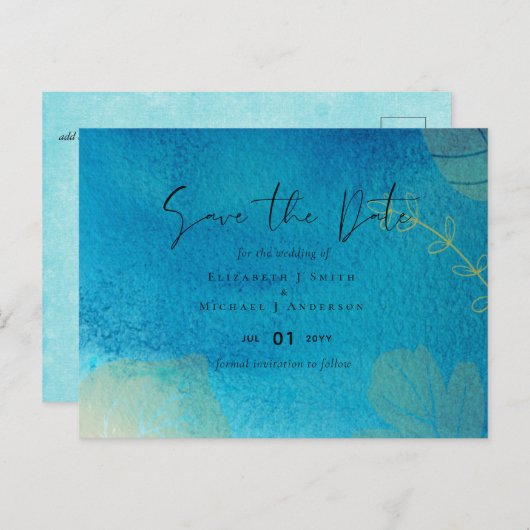 BUDGET Bruiloft Oceaan Blauw Aquarel Datum Bespare Briefkaart (Voorkant / Achterkant)