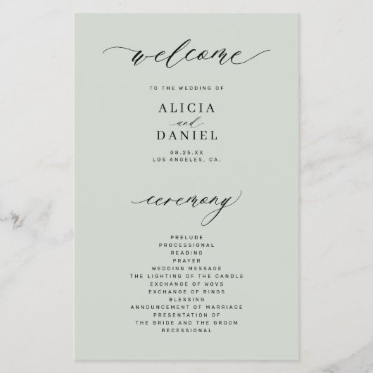 Budget bruiloft programma salie groen elegant flyer (Voorkant)