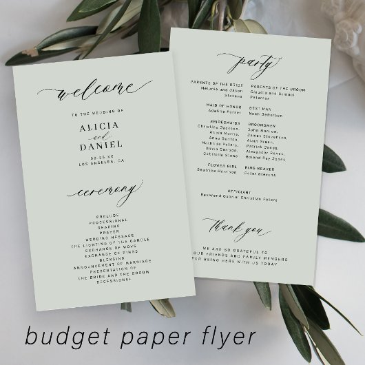 Budget bruiloft programma salie groen elegant flyer
