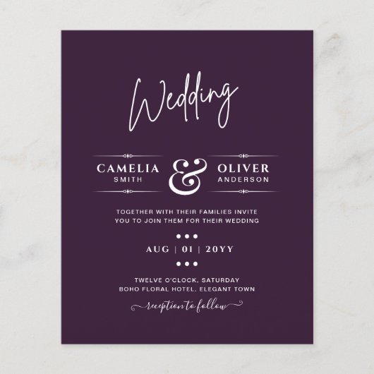 BUDGET Bruiloft PRUIM PURPER Monochroom Eenvoudig Flyer (Voorkant)