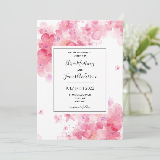 budget bruiloft roze floral romantic uitnodiging (Staand voorkant)