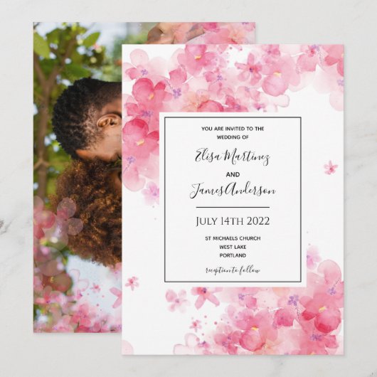budget bruiloft roze floral romantic uitnodiging (Voorkant / Achterkant)