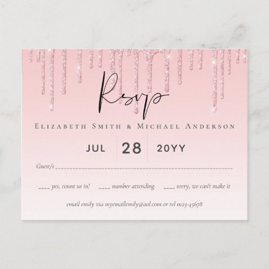 Budget Bruiloft RSVP Glitter Roze Briefkaart (Voorkant)